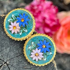 Vintage Italian Micro-Mosaic Floral Clip-On Earrings – Excellent Condition